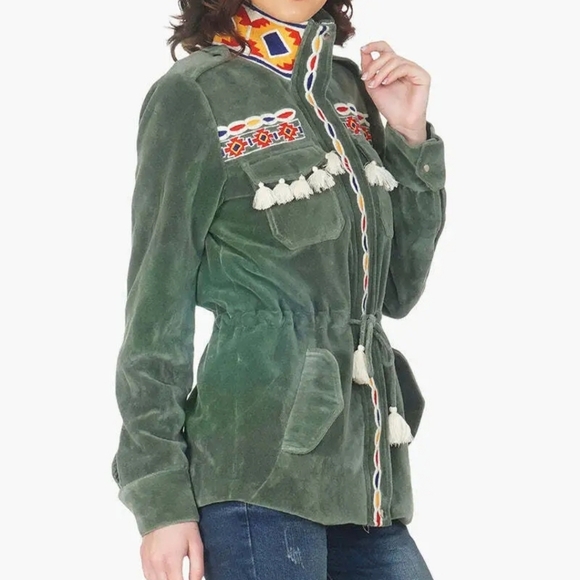 Anthro Aztec South Western Embroidered Tassel Olive Velvet Parka Jacket size M - Picture 4 of 16